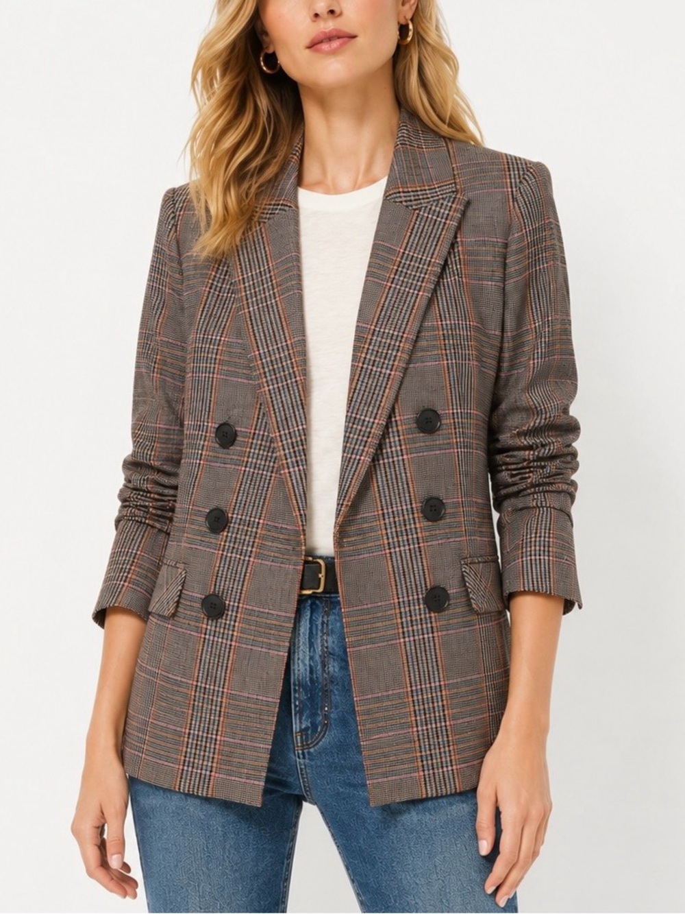 Veronica Beard Claude Plaid Dickey Jacket Blazer 10 Ruched Sleeve Wool Blend